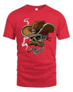 Cowboy Skull With Cigar T Shirt Wild West Graphic Tee - red t-shirt on white background