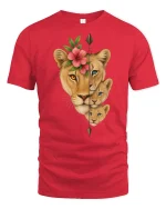 Lioness and Cubs Floral Spirit T Shirt Wildlife Family Tee - red t-shirt on white background
