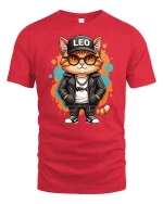 Cool Leo Cat Graphic T Shirt Hip Hop Street Style Tee - red t-shirt on white background