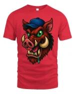 Funny Wild Boar With Cap T Shirt Crazy Cartoon Hog Tee - red t-shirt on white background