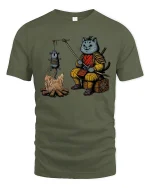 Funny Samurai Cat Roasting Mouse T Shirt Cute Ninja Tee - military green t-shirt on white background
