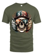 NYC Skull With Owls T Shirt Urban Street Art Graphic Tee - military green t-shirt on white background