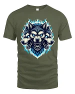 Three Headed Wolf T Shirt Fierce Mythical Beast Graphic Tee - military green t-shirt on white background