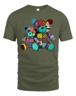 Colorful Patchwork Teddy Bear T Shirt Cute Vintage Toy Tee - military green t-shirt on white background