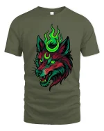 Neon Mystic Wolf Head T Shirt Dark Fantasy Graphic Tee - military green t-shirt on white background