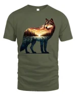 Majestic Wolf Sunset Landscape T Shirt Nature Art Tee - military green t-shirt on white background