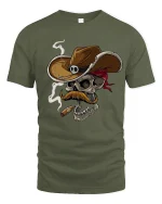 Cowboy Skull With Cigar T Shirt Wild West Graphic Tee - military green t-shirt on white background