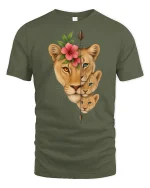 Lioness and Cubs Floral Spirit T Shirt Wildlife Family Tee - military green t-shirt on white background