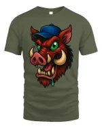 Funny Wild Boar With Cap T Shirt Crazy Cartoon Hog Tee - military green t-shirt on white background