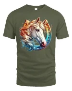 Majestic Horse With Horseshoe T Shirt Elegant Western Art Tee - military green t-shirt on white background
