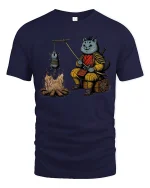 Funny Samurai Cat Roasting Mouse T Shirt Cute Ninja Tee - navy t-shirt on white background