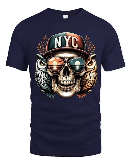 NYC Skull With Owls T Shirt Urban Street Art Graphic Tee - navy t-shirt on white background