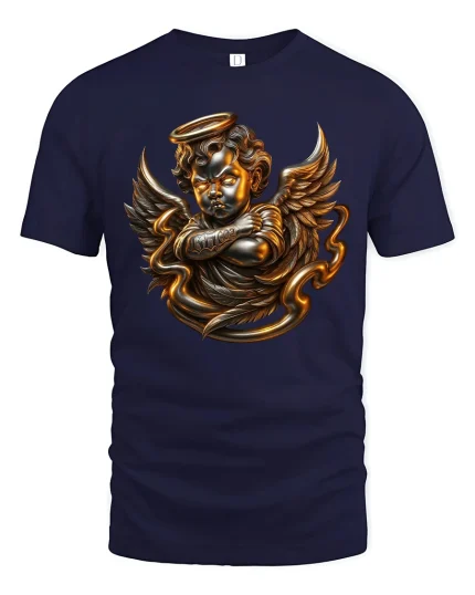Golden Angel Cherub T Shirt Dark Gothic Art Graphic Tee - navy t-shirt on white background