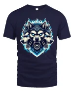 Three Headed Wolf T Shirt Fierce Mythical Beast Graphic Tee - navy t-shirt on white background