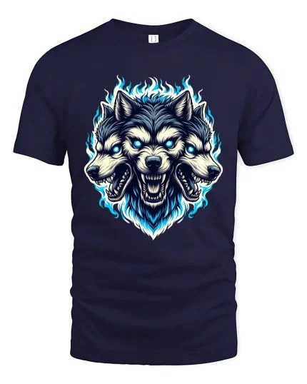 Three Headed Wolf T Shirt Fierce Mythical Beast Graphic Tee - navy t-shirt on white background