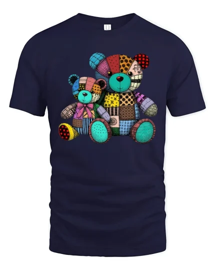 Colorful Patchwork Teddy Bear T Shirt Cute Vintage Toy Tee - navy t-shirt on white background