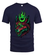 Neon Mystic Wolf Head T Shirt Dark Fantasy Graphic Tee - navy t-shirt on white background