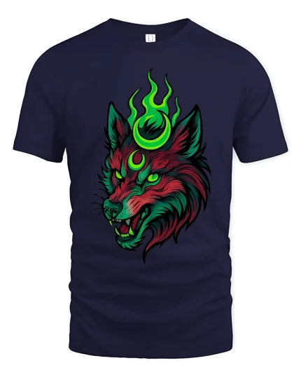 Neon Mystic Wolf Head T Shirt Dark Fantasy Graphic Tee - navy t-shirt on white background