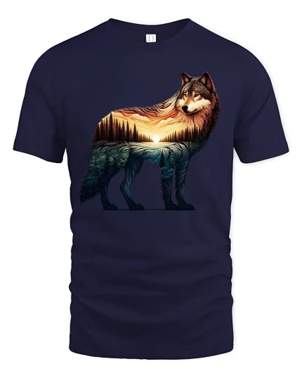 Majestic Wolf Sunset Landscape T Shirt Nature Art Tee - navy t-shirt on white background