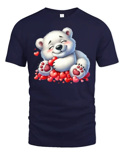 Cute Polar Bear Hugging Hearts T Shirt Adorable Love Tee - navy t-shirt on white background
