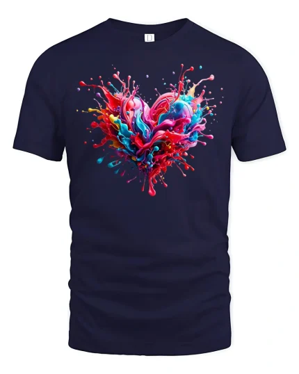 Colorful Paint Splash Heart T Shirt Vibrant Love Art Tee - navy t-shirt on white background