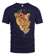 Lioness and Cubs Floral Spirit T Shirt Wildlife Family Tee - navy t-shirt on white background