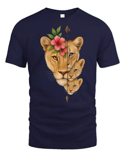 Lioness and Cubs Floral Spirit T Shirt Wildlife Family Tee - navy t-shirt on white background