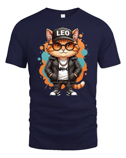 Cool Leo Cat Graphic T Shirt Hip Hop Street Style Tee - navy t-shirt on white background