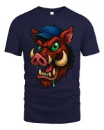 Funny Wild Boar With Cap T Shirt Crazy Cartoon Hog Tee - navy t-shirt on white background