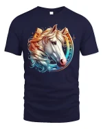 Majestic Horse With Horseshoe T Shirt Elegant Western Art Tee - navy t-shirt on white background