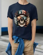 NYC Skull With Owls T Shirt Urban Street Art Graphic Tee - model wearing navy tee with hands in pockets