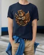 Golden Angel Cherub T Shirt Dark Gothic Art Graphic Tee - model wearing navy tee with hands in pockets