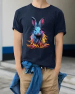 Colorful Neon Bunny T Shirt Vibrant Fantasy Rabbit Tee - model wearing navy tee with hands in pockets
