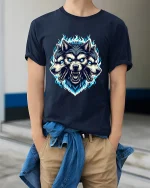Three Headed Wolf T Shirt Fierce Mythical Beast Graphic Tee - model wearing navy tee with hands in pockets