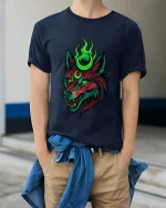Neon Mystic Wolf Head T Shirt Dark Fantasy Graphic Tee - model wearing navy tee with hands in pockets