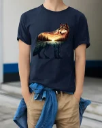 Majestic Wolf Sunset Landscape T Shirt Nature Art Tee - model wearing navy tee with hands in pockets