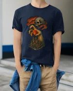 Dark Fantasy Skull Hand T Shirt Gothic Steampunk Art Tee - model wearing navy tee with hands in pockets