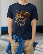 Cowboy Skull With Cigar T Shirt Wild West Graphic Tee - model wearing navy tee with hands in pockets