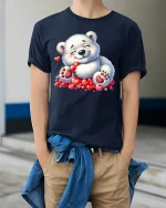 Cute Polar Bear Hugging Hearts T Shirt Adorable Love Tee - model wearing navy tee with hands in pockets