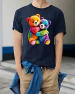 Rainbow Teddy Bears Hug T Shirt Cute Colorful Plush Tee - model wearing navy tee with hands in pockets