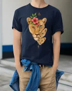 Lioness and Cubs Floral Spirit T Shirt Wildlife Family Tee - model wearing navy tee with hands in pockets