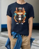 Cool Leo Cat Graphic T Shirt Hip Hop Street Style Tee - model wearing navy tee with hands in pockets