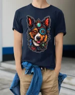 Steampunk Border Collie Dog T Shirt Cool Mechanical Art Tee - model wearing navy tee with hands in pockets