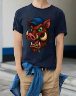 Funny Wild Boar With Cap T Shirt Crazy Cartoon Hog Tee - model wearing navy tee with hands in pockets