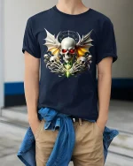 Gothic Skull With Wings T Shirt Dark Fantasy Graphic Tee - model wearing navy tee with hands in pockets