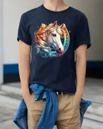 Majestic Horse With Horseshoe T Shirt Elegant Western Art Tee - model wearing navy tee with hands in pockets