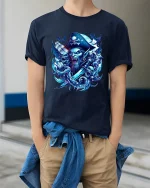 Undead Pirate Skull Captain T Shirt Dark Fantasy Graphic Tee - model wearing navy tee with hands in pockets