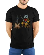 Funny Samurai Cat Roasting Mouse T Shirt Cute Ninja Tee - model wearing black tee with hands behind back