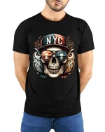 NYC Skull With Owls T Shirt Urban Street Art Graphic Tee - model wearing black tee with hands behind back
