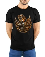 Golden Angel Cherub T Shirt Dark Gothic Art Graphic Tee - model wearing black tee with hands behind back